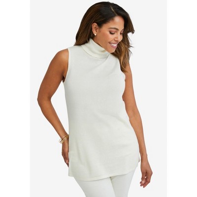 Jessica London Women's Plus Size Cotton Cashmere Sleeveless Turtleneck Shell