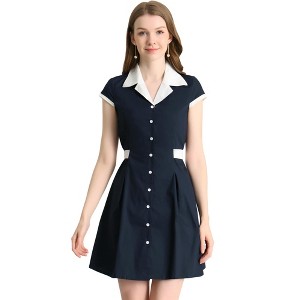 Allegra K Women's Vintage Button Down Flat Collar Belted Office Mini Shirt Dress - 1 of 4