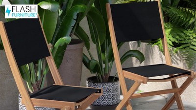 Acacia Wood and Black Mesh Folding Patio Bistro Chairs