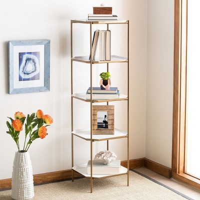 Contemporary White and Brass 5-Tier Etagere Bookshelf