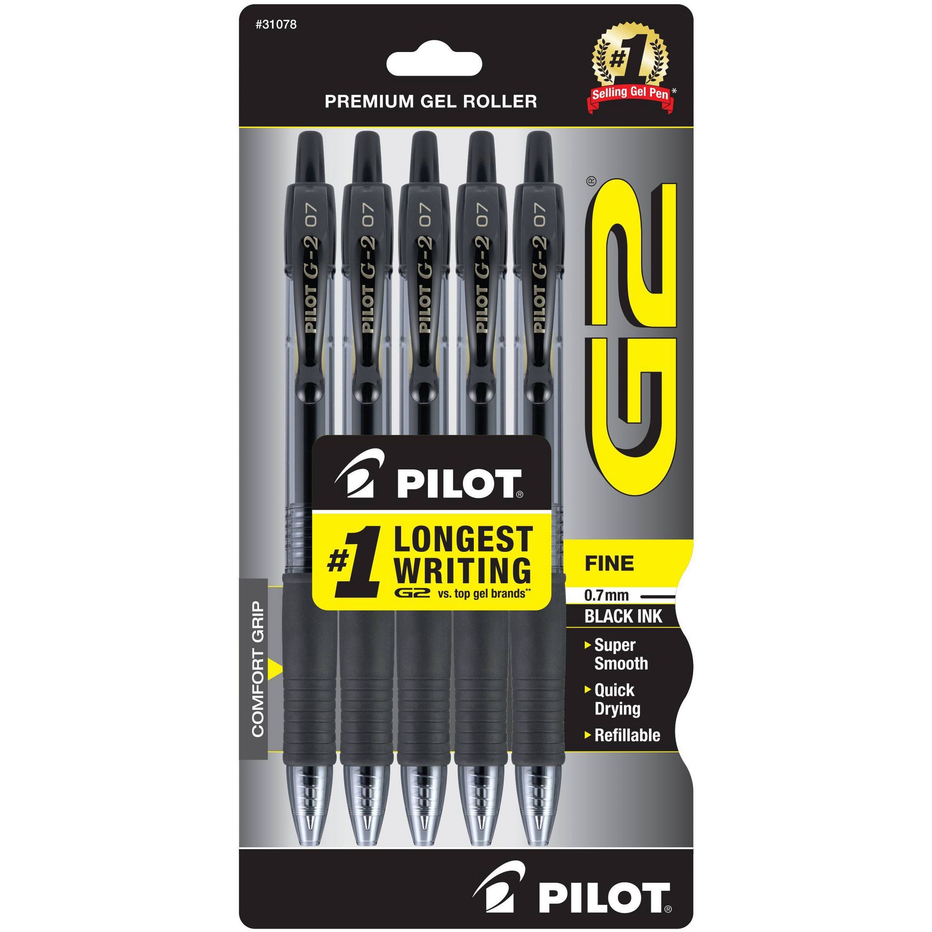 Pilot 5pk G2 Gel Pens Fine Point 0.7mm Black Ink