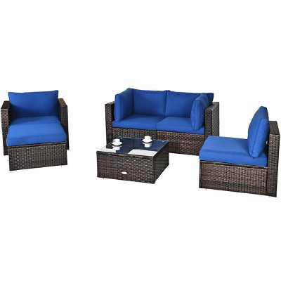 Tangkula 6PCS Rattan Patio Furniture Set Cushioned Sofa Chair Ottoman Turquoise/Red/Navy/Black/White
