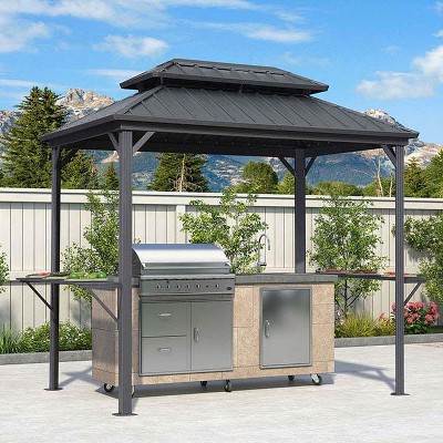 PURPLE LEAF Hardtop Grill Gazebo for Patio Permanent Aluminum Barbeque Shelter Gazebo with Ceiling Hook and Shelves Grey Outdoor BBQ Gazebo