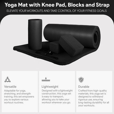Black High-Density Foam Yoga Mat Set with Knee Pad and Blocks