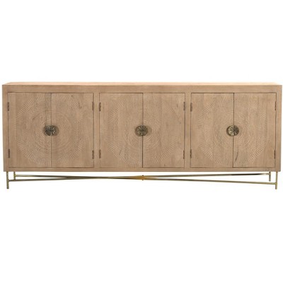 HomeRoots 95" Natural And Antiqued Gold Solid Wood Carved Geometric Sideboard with Six Doors