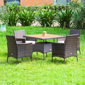 Costway 5PCS Patio Rattan Dining Furniture Set Arm Chair Wooden Table Top