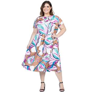 24seven Comfort Apparel Plus Size Abstract Floral Short Sleeve Pleated Flare Midi Pocket Dress