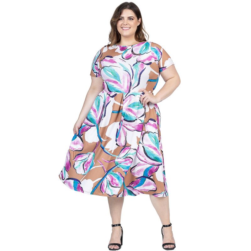 24seven Comfort Apparel Plus Size Abstract Floral Short Sleeve Pleated Flare Midi Pocket Dress, 1 of 7