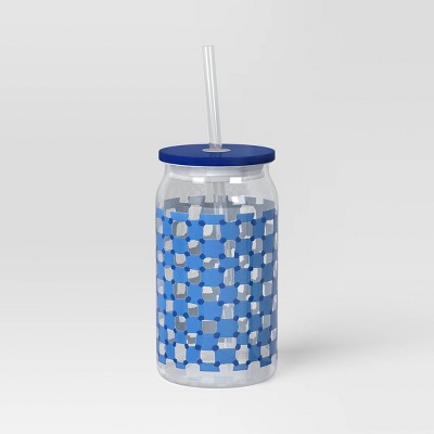 14.5 fl oz Glass Straw Tumbler Blue Check - Room Essentials™