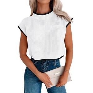 Womens Summer Cropped Sweater Vest Trendy Cap Sleeve Crop Tops Crew Neck Loose Knit Tank Top - 1 of 3