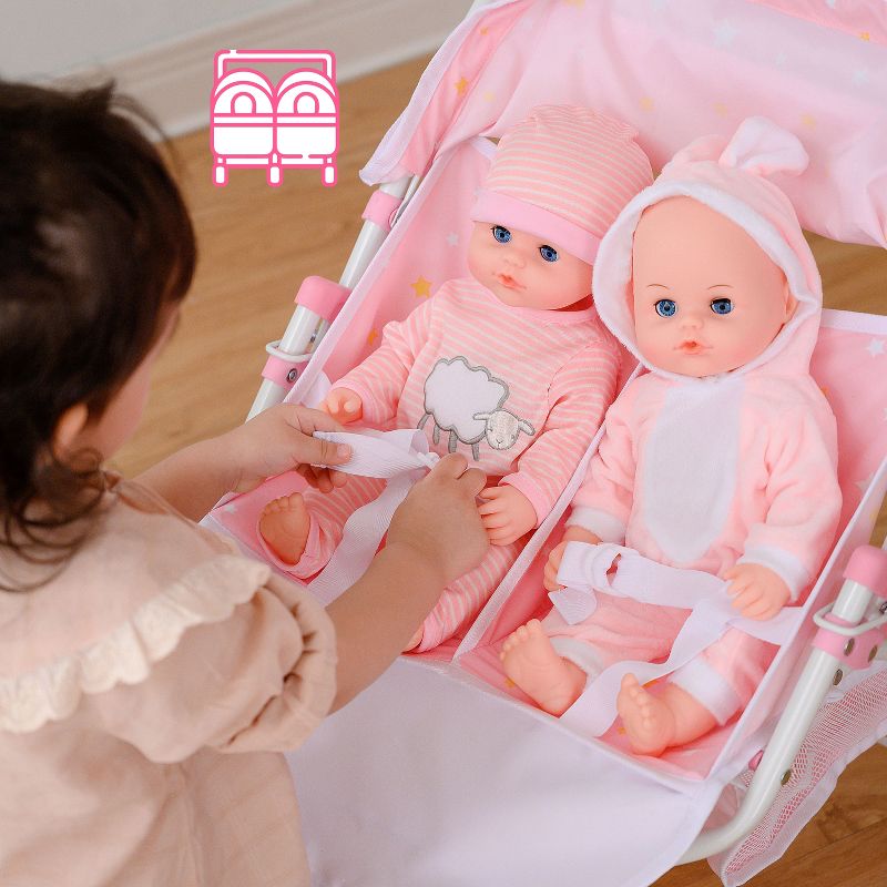 Olivia's Little World Double Twin Baby Doll Pram Stroller Pink Stars OL-00012, 3 of 14