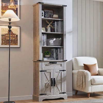 Farmhouse Bookshelf with Storage Cabinet, 72" Tall Bookcase with Drawer and Barn Door for Office Library, Living Room