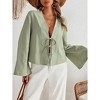 Women Shirt Tie Front Tops Long Sleeve V Neck Casual Lace Up Bow Blouses - 4 of 4