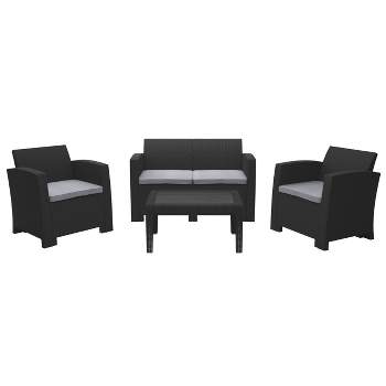 4pc All Weather Outdoor Conversation Set with Cushions - Black/Light Gray - CorLiving