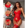 Clotth Women's Floral Lace Garter Lingerie Set - Cute Babydoll Bodysuit, Bra and Panty Set, Elegant Lingerie, Red - 2 of 4