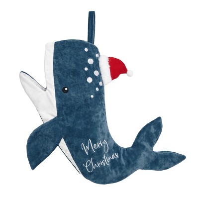 Aoibox 1 Piece 21 Inch Dark Blue White Whale Plush Christmas Stocking Personalized Name Tag Velvet Hanging Decor for Fireplace or Tree