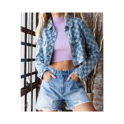 Women's Checkered Print Cutted Hem Cropped Denim Top - Veveret