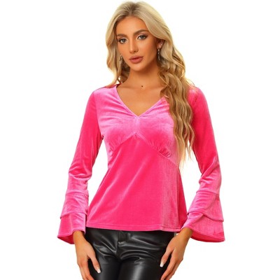 INSPIRE CHIC Women's Regular Fit V Neck Velvet Flare Long Sleeve Peplum Blouse