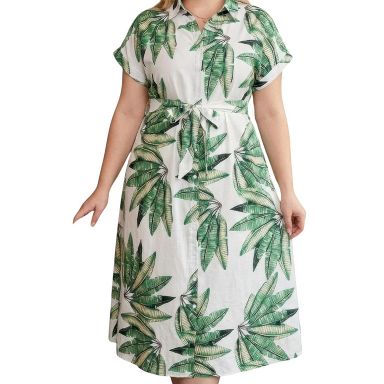 casual dress xl Slickblue Plus Size Midi Tropical Leaf Print Button Front Collared Shirt Dress, Vacation Wear, Green, elegant casual plus size dresses Linen pleated skirt dress discount-yes The waist tie has Size:L (Bust 94cm)