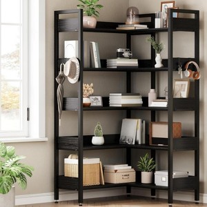 Garvee 5-Tier Corner Bookshelf with Hooks,Wooden Bookcase with Open Shelves and Metal Frame for Home Office - 1 of 4