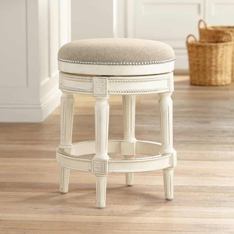 55 Downing Street Oliver Wood Swivel Bar Stool Distressed White 24 1/2" High Traditional Cream Round Cushion with Footrest for Kitchen Counter Island, 2 of 10