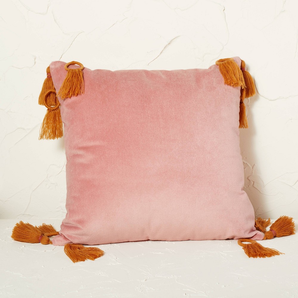 Velvet Square Throw Pillow with Ring Tassels Light Rose - Opalhouse designed with Jungalow