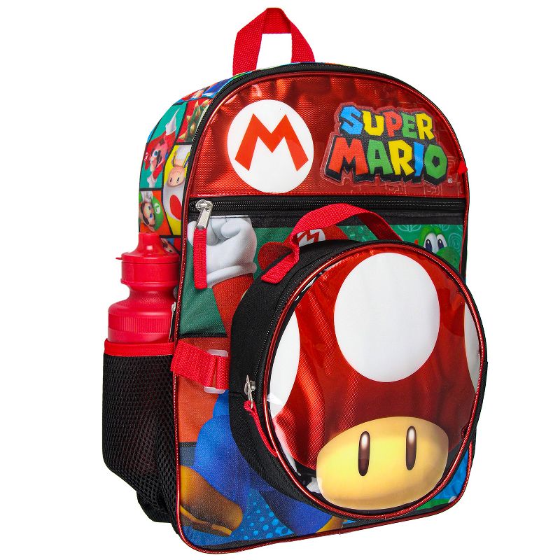 Super Mario Backpack with Detachable Mushroom Lunch Tote 16 Inch 5 Piece Set Multicoloured, 1 of 8
