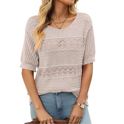 Coolmee Womens Summer Tops Casual Crewneck Half Sleeve Crochet Hollow Out Knit Pullover Sweater Shirts