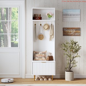 3-in-1 74-inch Hall Tree w/ Bench and Storage, Entryway Coat Rack w/Shoe Bench, Featuring 4 Gold Hooks and Metal Legs - 1 of 4