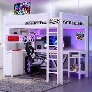 Luxystar Full Size Gaming Loft Bed with Desk, Storage Shelves, 7 Colors LED and Charging Station - 1 of 4