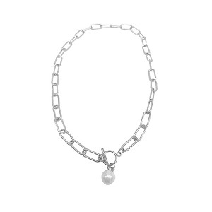 Adornia Tarnish Resistant Silver Plated Paper Clip Toggle Necklace with Pearl - 1 of 3