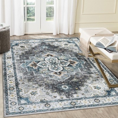 Washable Boho Area Rugs for Living Room Bedroom Vintage Medallion Rug Non Slip Low Pile Carpet