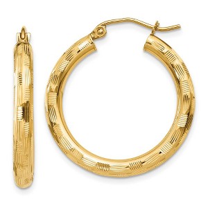 Black Bow Jewelry 3mm x 25mm 14k Yellow Gold Textured Round Hoop Earrings - 1 of 4