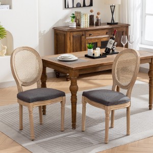 Lyngins French Style Dining Chairs (Set of 2), Linen Upholstered Armless Chair with Rattan Backrest, Solid Wood Kitchen Chairs & Living Room Chair - 1 of 4