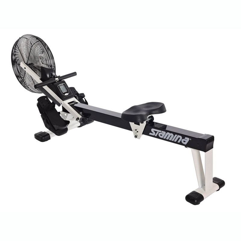 Stamina Multi-Function Cardio Exercise Foldable Fitness Air Rower Rowing Machine w/Built-In Wheels & Adjustable Foot Straps, Black/White, 1 of 8