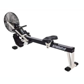 Stamina Multi-Function Cardio Exercise Foldable Fitness Air Rower Rowing Machine w/Built-In Wheels & Adjustable Foot Straps, Black/White