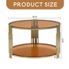 Modern Mirror Coffee Table, Asymmetrical Metal, Circular Metal Drum Base, Gold Finish & Lower Shelf - Leovsnove - 3 of 4