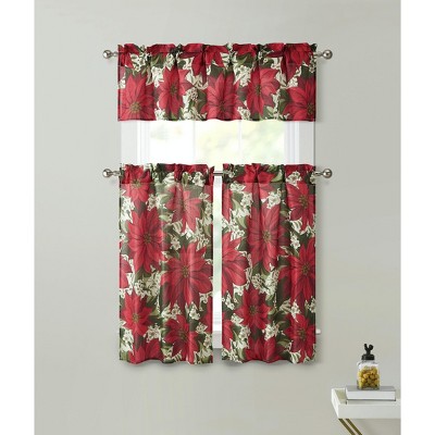 Kate Aurora Holiday Classic Poinsettia Christmas 3 Pc Kitchen Curtain Tier & Valance Set - 57 in. W x 36 in. L