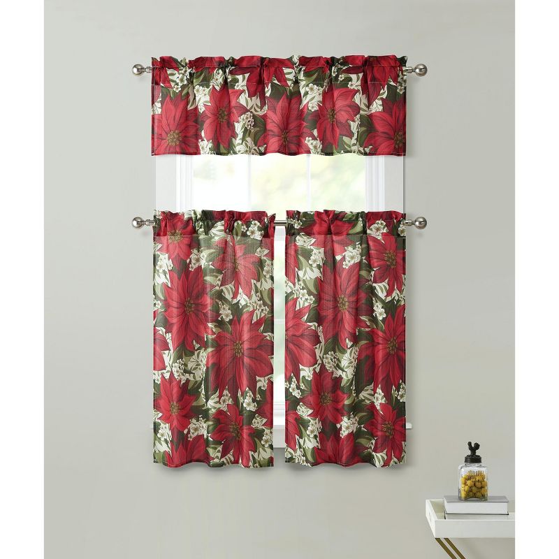 Kate Aurora Holiday Classic Poinsettia Christmas 3 Pc Kitchen Curtain Tier & Valance Set - 57 in. W x 36 in. L, 1 of 2