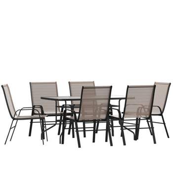 Flash Furniture 7 Piece Outdoor Patio Dining Set - Tempered Glass Patio Table, 6 Flex Comfort Stack Chairs