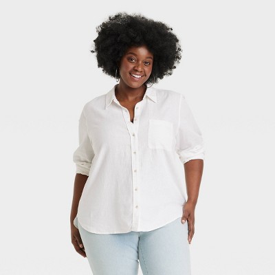 Women's Linen Long Sleeve Collared Button-Down Shirt - Universal Thread™ White 3X