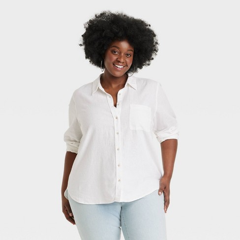 Women's Linen Long Sleeve Collared Button-down Shirt - Universal Thread™ White  3x : Target