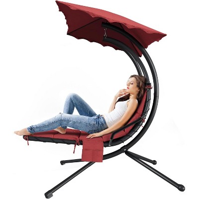 Chaise Lounger Swing Chair with Umbrella Canopy, Patio Hanging Chaise Lounger Chair with Stand, Curved Steel Outdoor Lounge Chairs for Garden