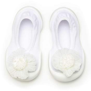 Komuello Toddler Girl First Walk Sock Shoes Flat Style - Flat Pompom White