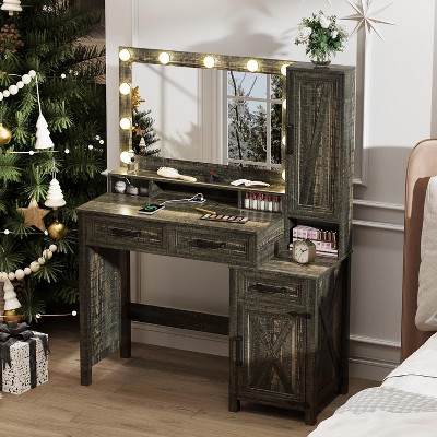 Fredees Makeup Vanity Desk: Mirror, Light, Farmhouse Style, 2 Drawers, Charging Station, 3 Color Lighting Modes, for Girls