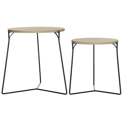 Light Brown Round Wood and Metal Stacking End Table