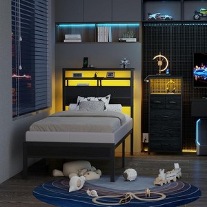 Furnulem Twin Bed Frames with Charging Station and LED Lights Wood Headboard with 2 Fabric Drawers and Storage Shelves Platform Bed with Metal Slats - 1 of 4