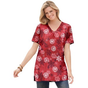 Woman Within Perfect Printed Short-Sleeve Shirred V-Neck Tunic - 1 of 4