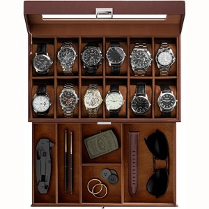 12 Slot Men Watch Case With Drawer, Watch Display Case With Glass Lid, 2-Layer Watch Holder Organizer - 1 of 4