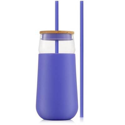 JoyJolt Glass Tumbler with 1 Straws & Non Slip Silicone Sleeve - 20 oz - Purple